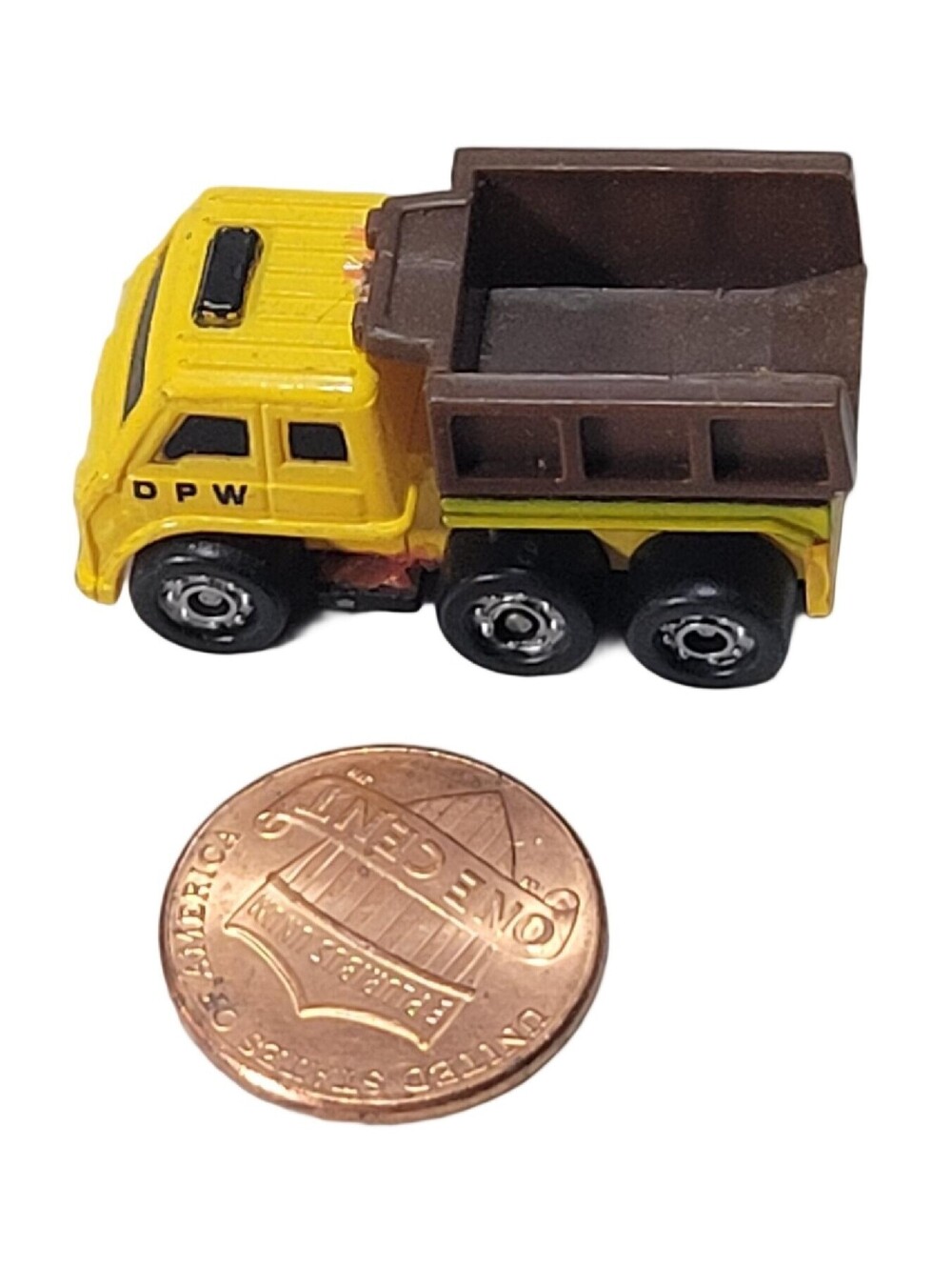 Funrise Micro Machines DPW Dept. Public Works Dump Truck Yellow/Brown VTG Toy